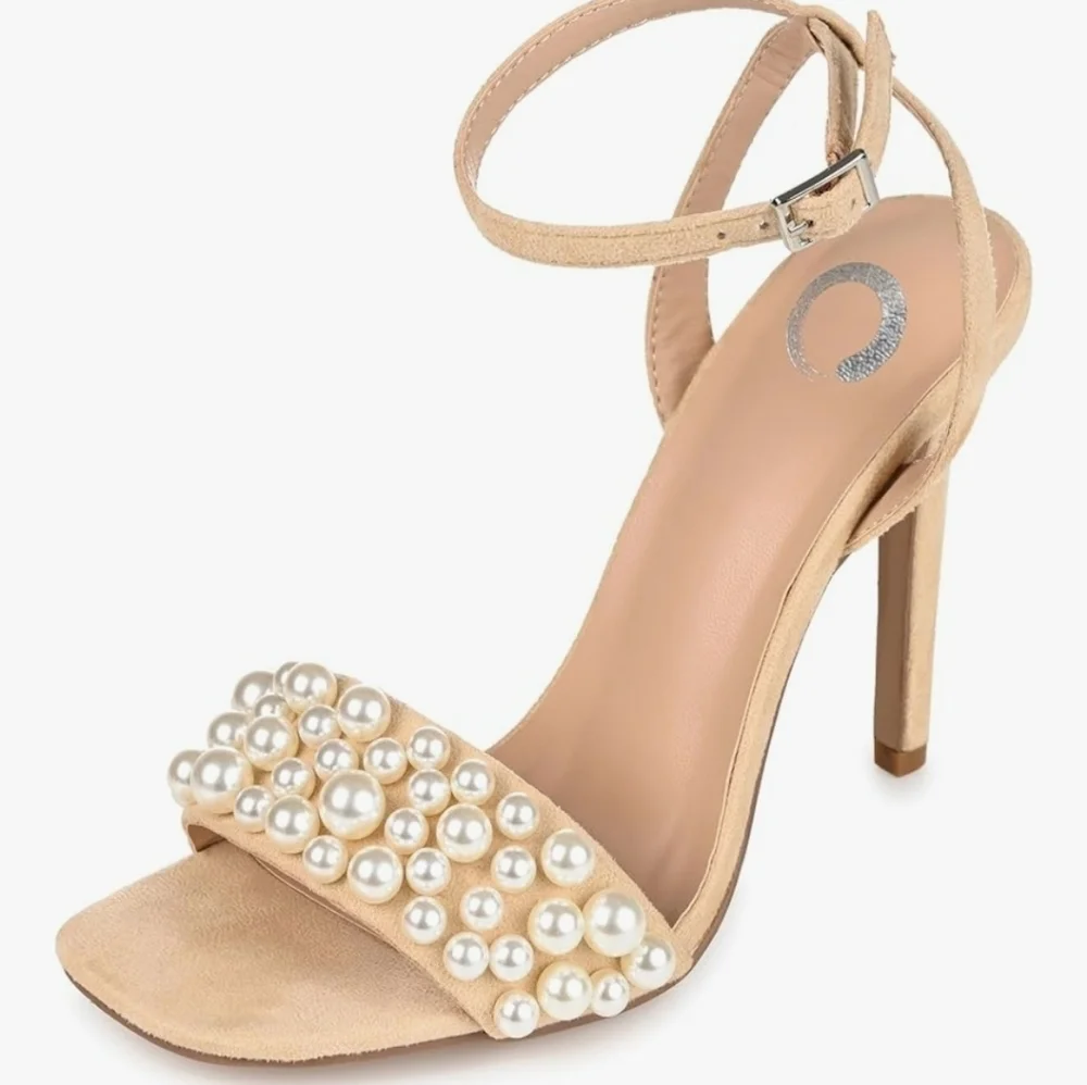 Journee Collection Tan Beige Microsuede Pearl Heel Sandals SZ 9.5 M - Picture 5 of 11